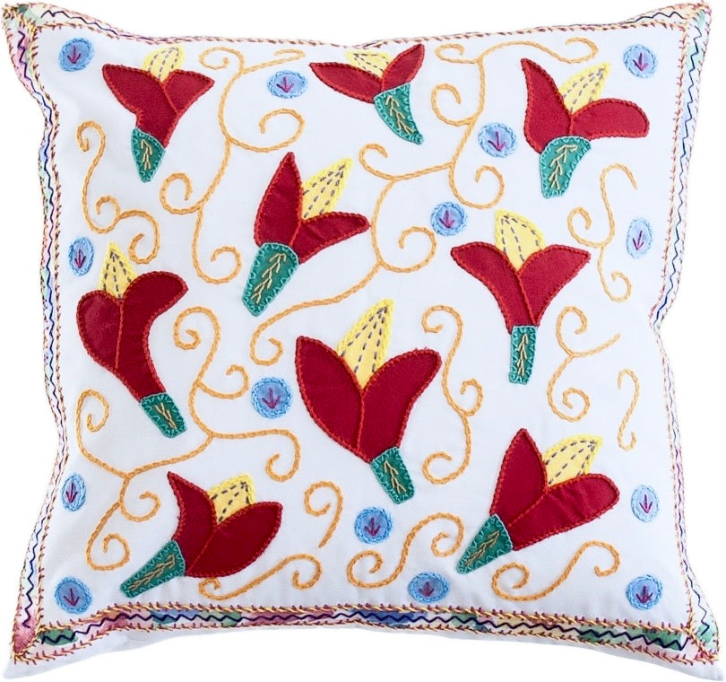 Lirios Design by Pamela Nelson. Hand Embroidered Pillow in White Honduras Threads