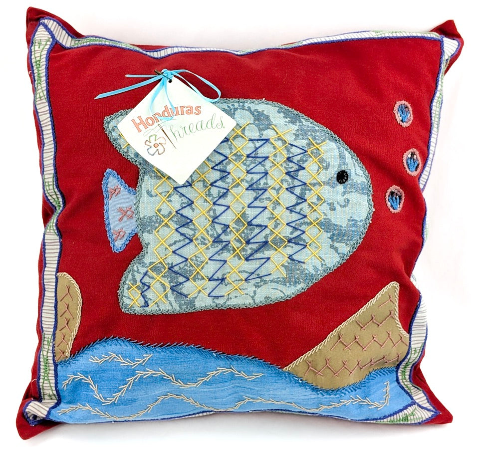 Pescado Design by Barbara Velhum. Hand embroidered on white Honduras Threads