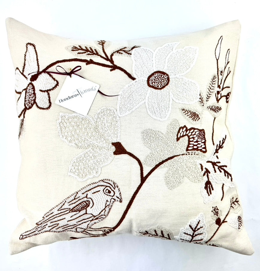 Bird on Dogwood Design by Julie England. Hand Embroidered on white Honduras Threads