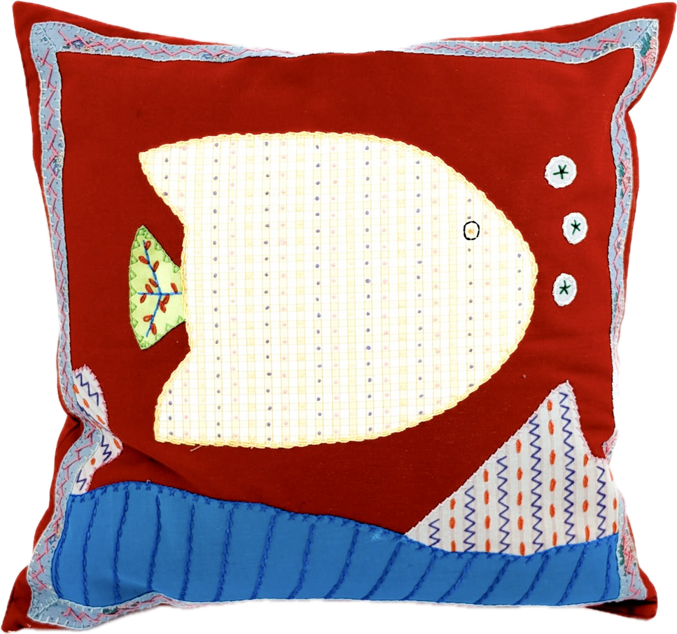 Pescado Design by Barbara Velhum. Hand embroidered on red Honduras Threads