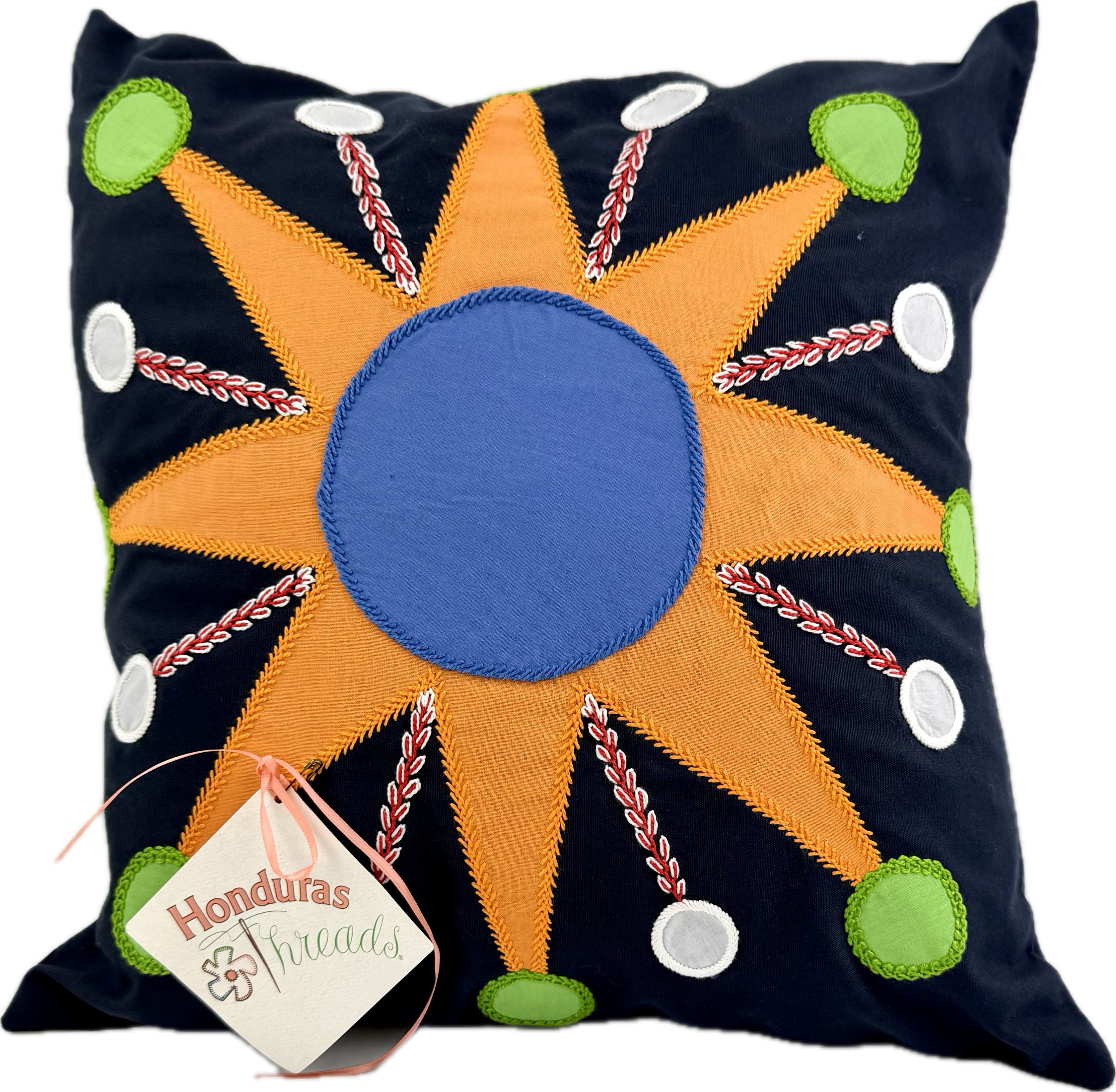 Sol Azul Design by Pamela Nelson. Hand Embroidered Pillow on navy blue Pamela Nelson