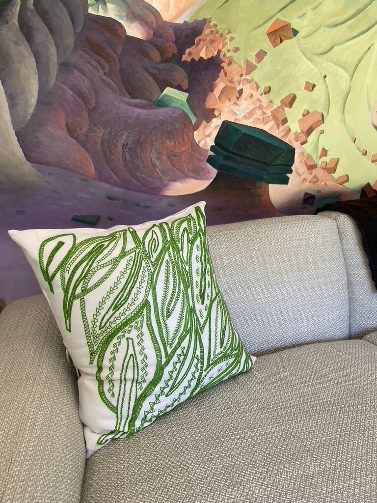 Shimmering Leaves Design by Heather Bancroft. Hand Embroidered Pillow on white. Honduras Threads