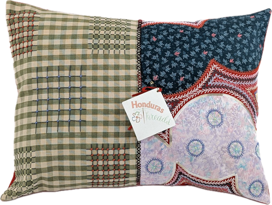 Cuadritos Design by Pamela Nelson. Hand Embroidered on dark brown (Copy) Pamela Nelson