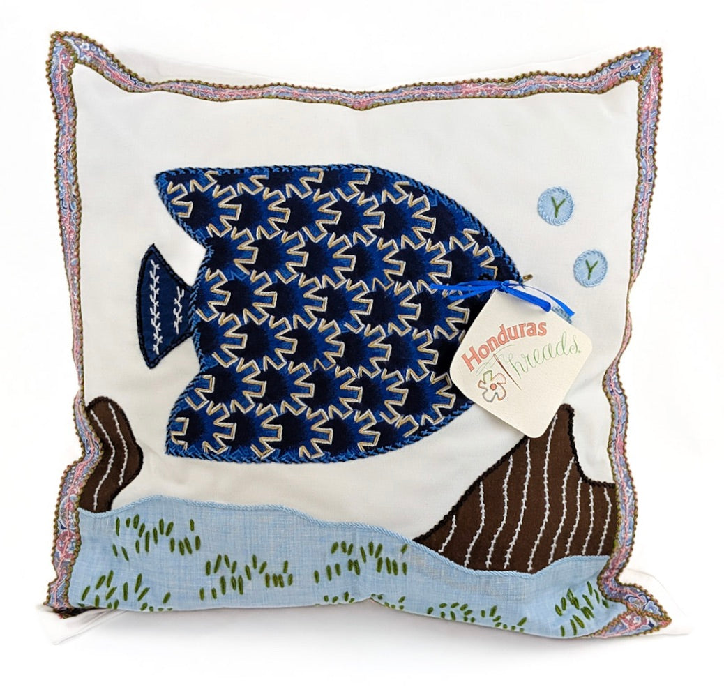 Pescado Design by Barbara Velhum. Hand embroidered on white Honduras Threads