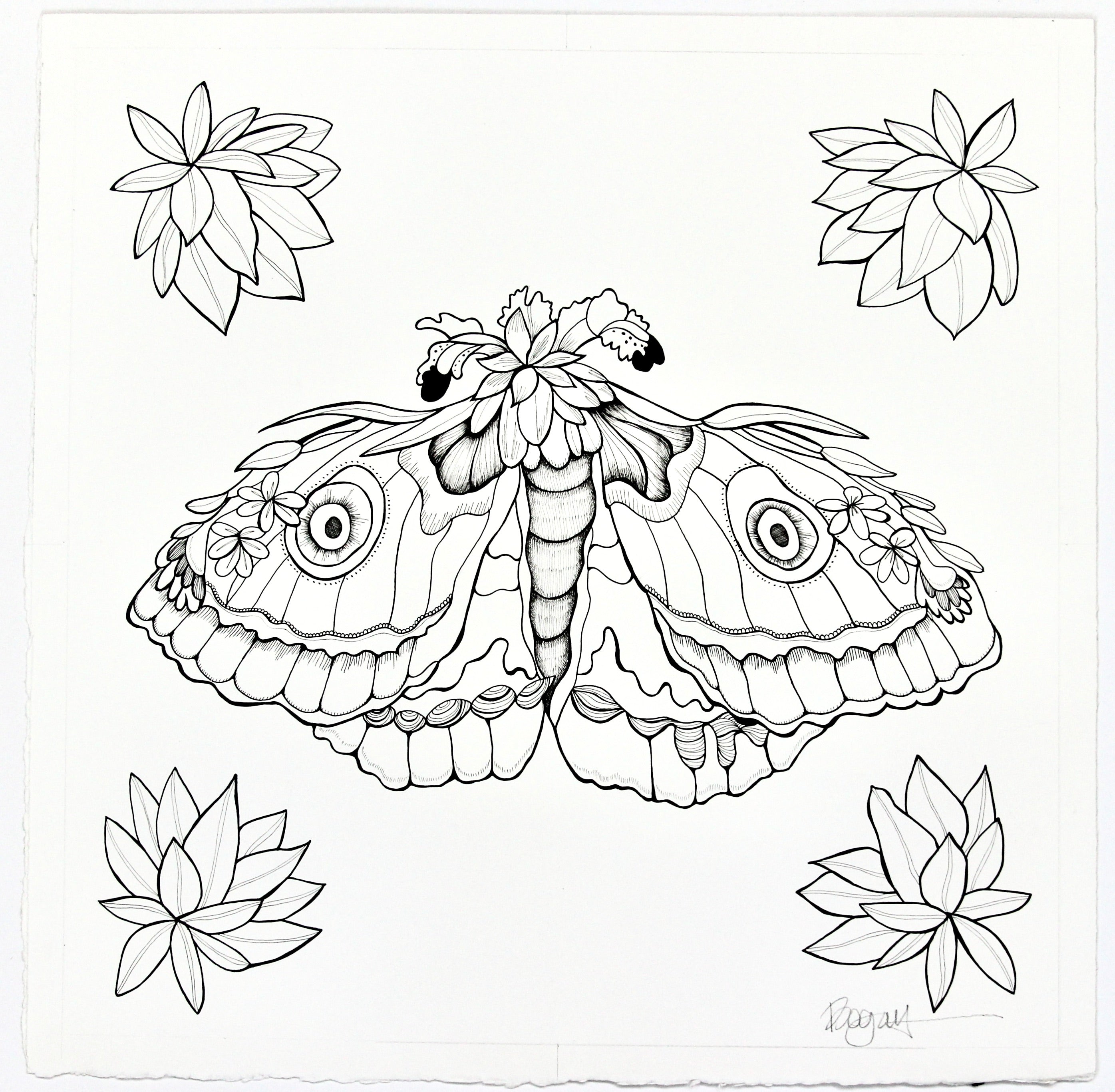 Glamorous Moth Design by Brenda Bogart. Hand Embroidered Pillow on orange Brenda Bogart