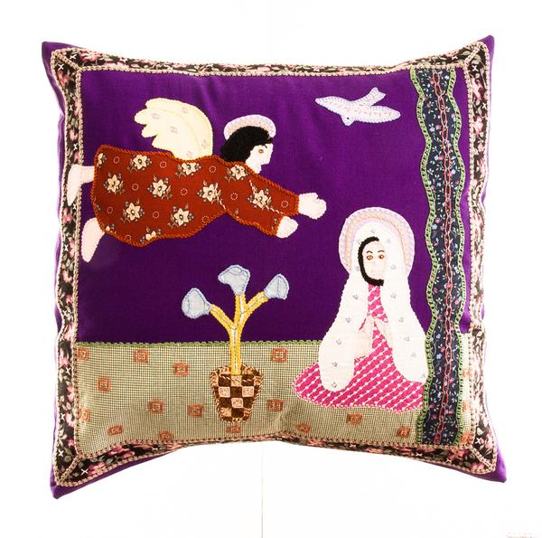 Anunciación Design Embroidered Pillow on Purple Honduras Threads
