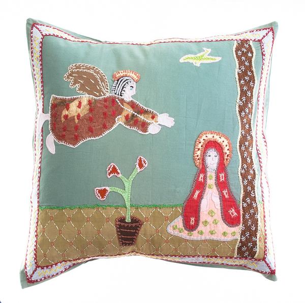 Anunciación Design Embroidered Pillow on Teal Honduras Threads