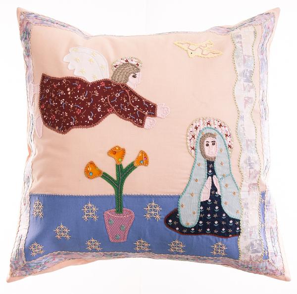 Anunciación Design Embroidered Pillow on Light Salmon Honduras Threads