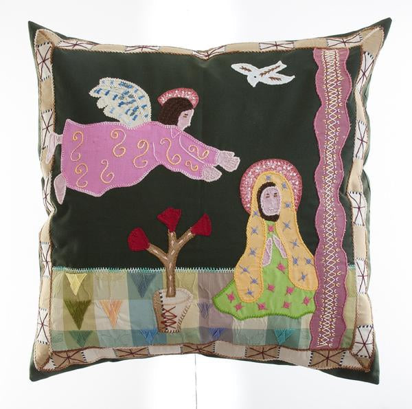 Anunciación Design Embroidered Pillow on Dark Olive Honduras Threads