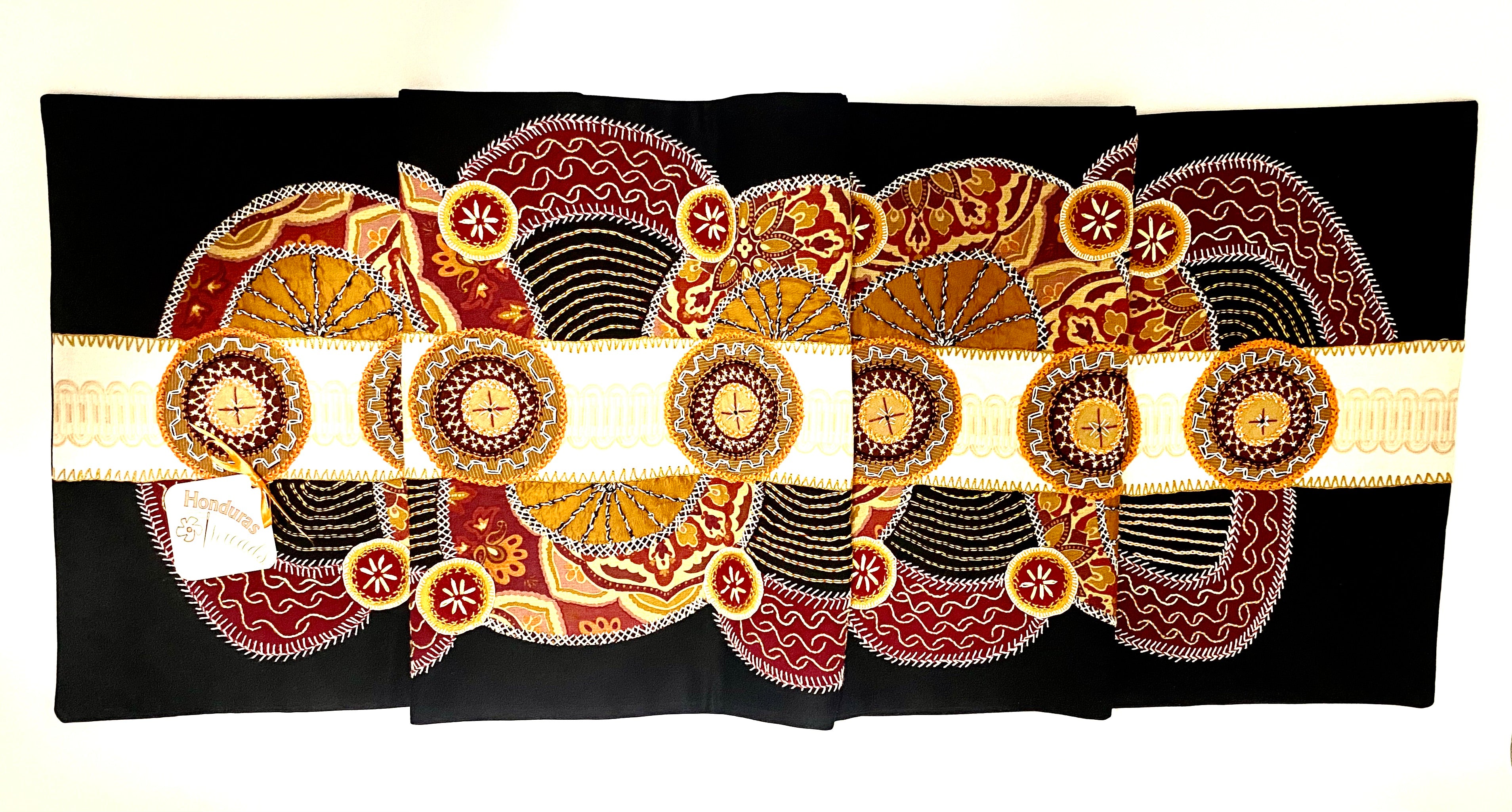 El Doce Design Embroidered Table Runner on black Honduras Threads
