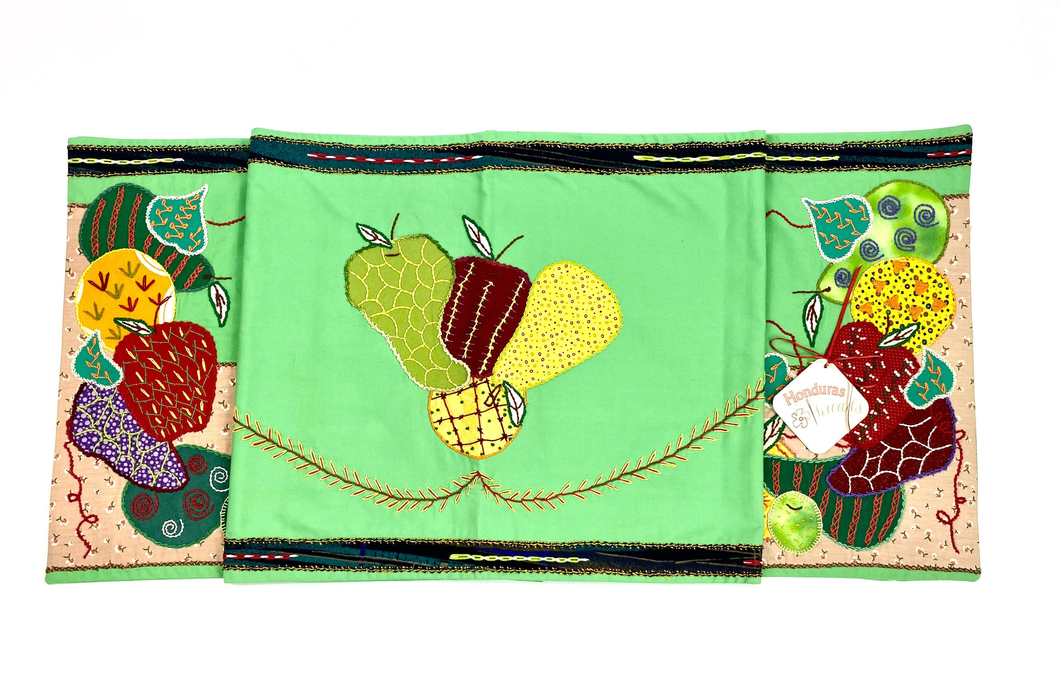 Frutas Design Embroidered Table Runner on green Honduras Threads