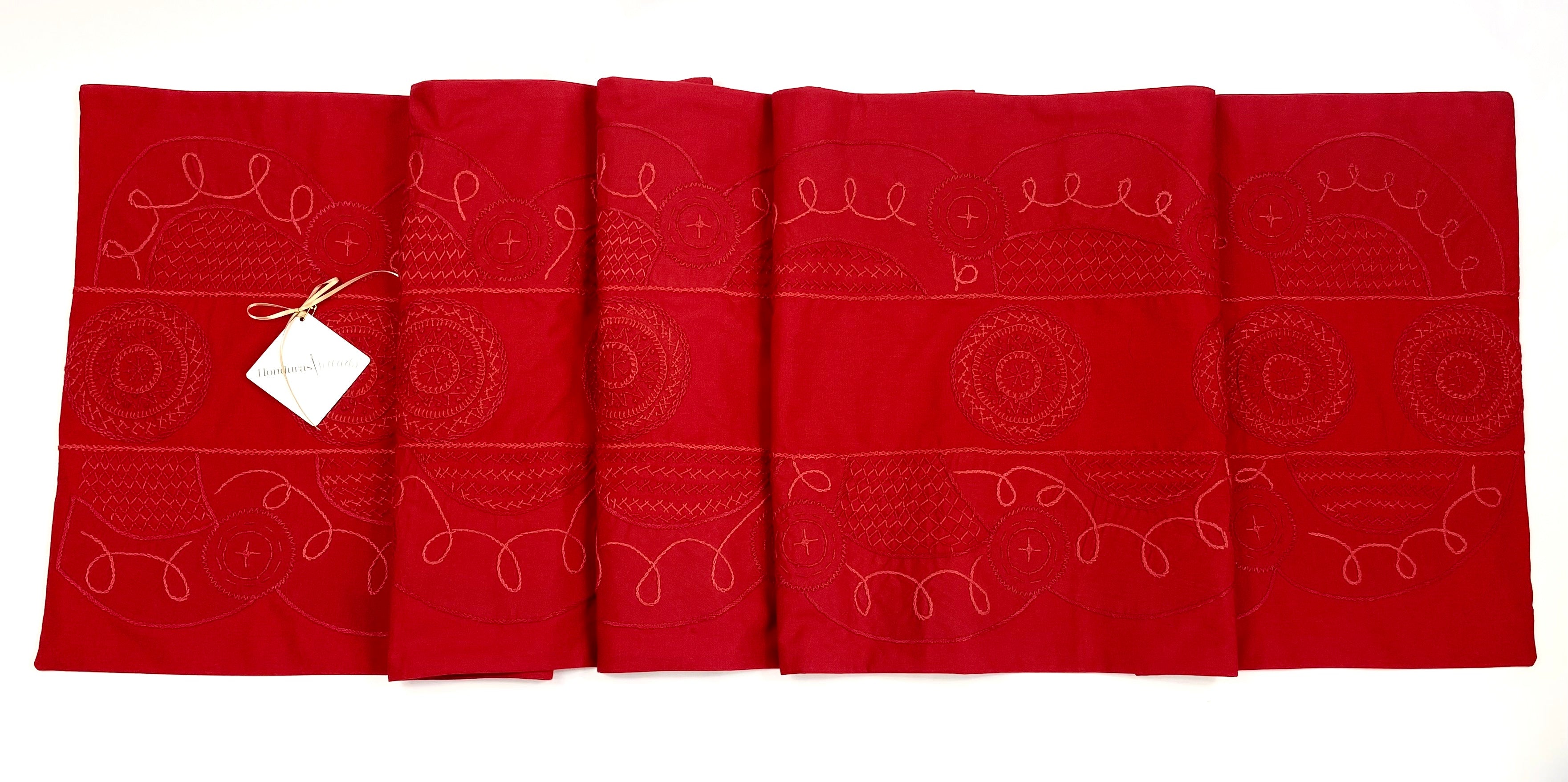 El doce Design Embroidered Table Runner on red Honduras Threads