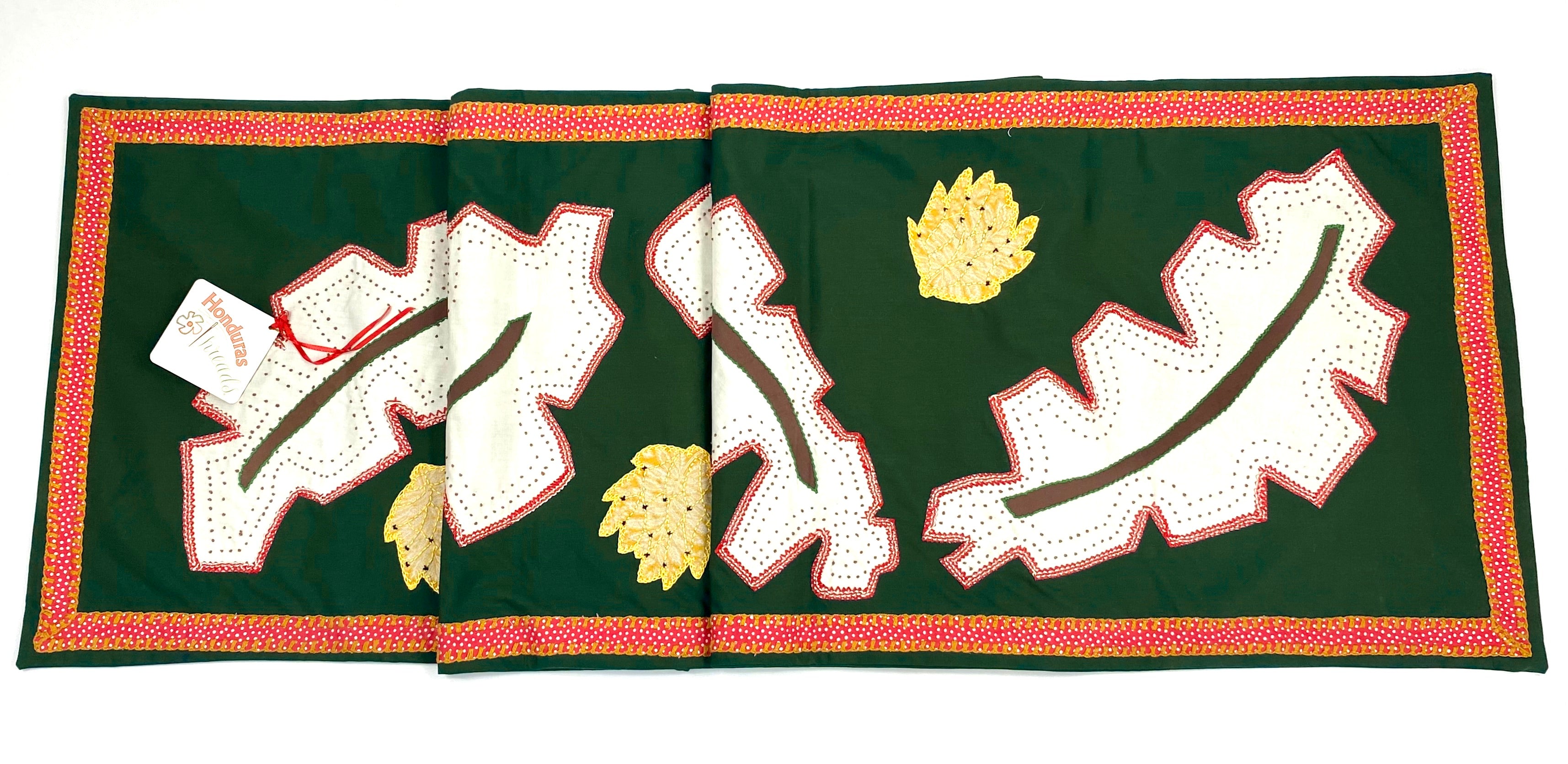 Hojas Design Embroidered Table Runner on dark green Honduras Threads