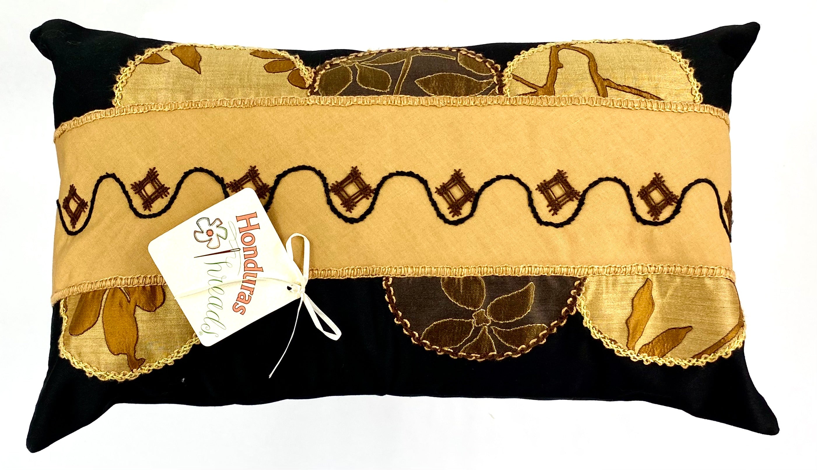 Piedras Lunar Design Embroidered Pillow on black Honduras Threads