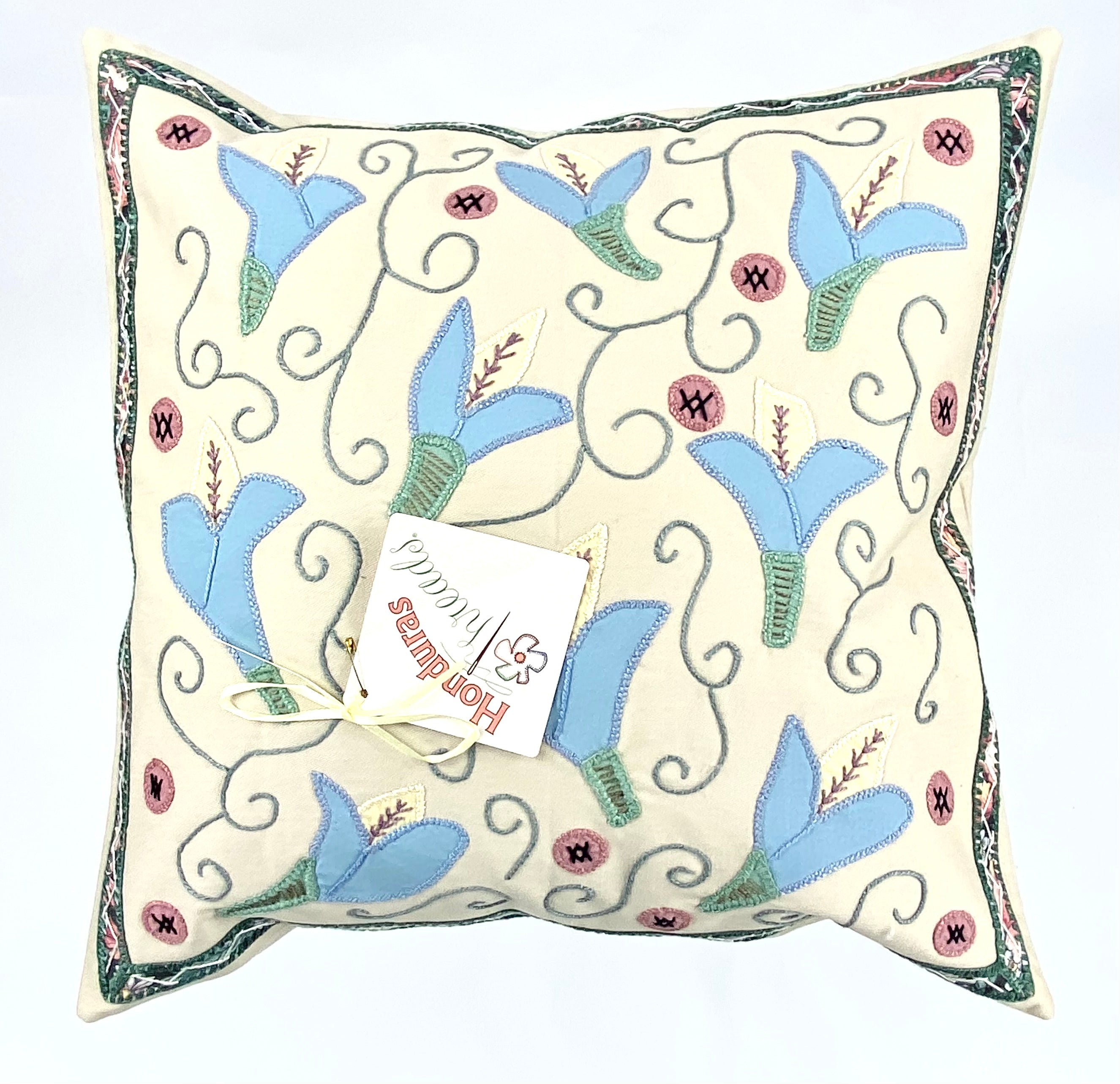 Lirios Design Embroidered Pillow on Cream Honduras Threads
