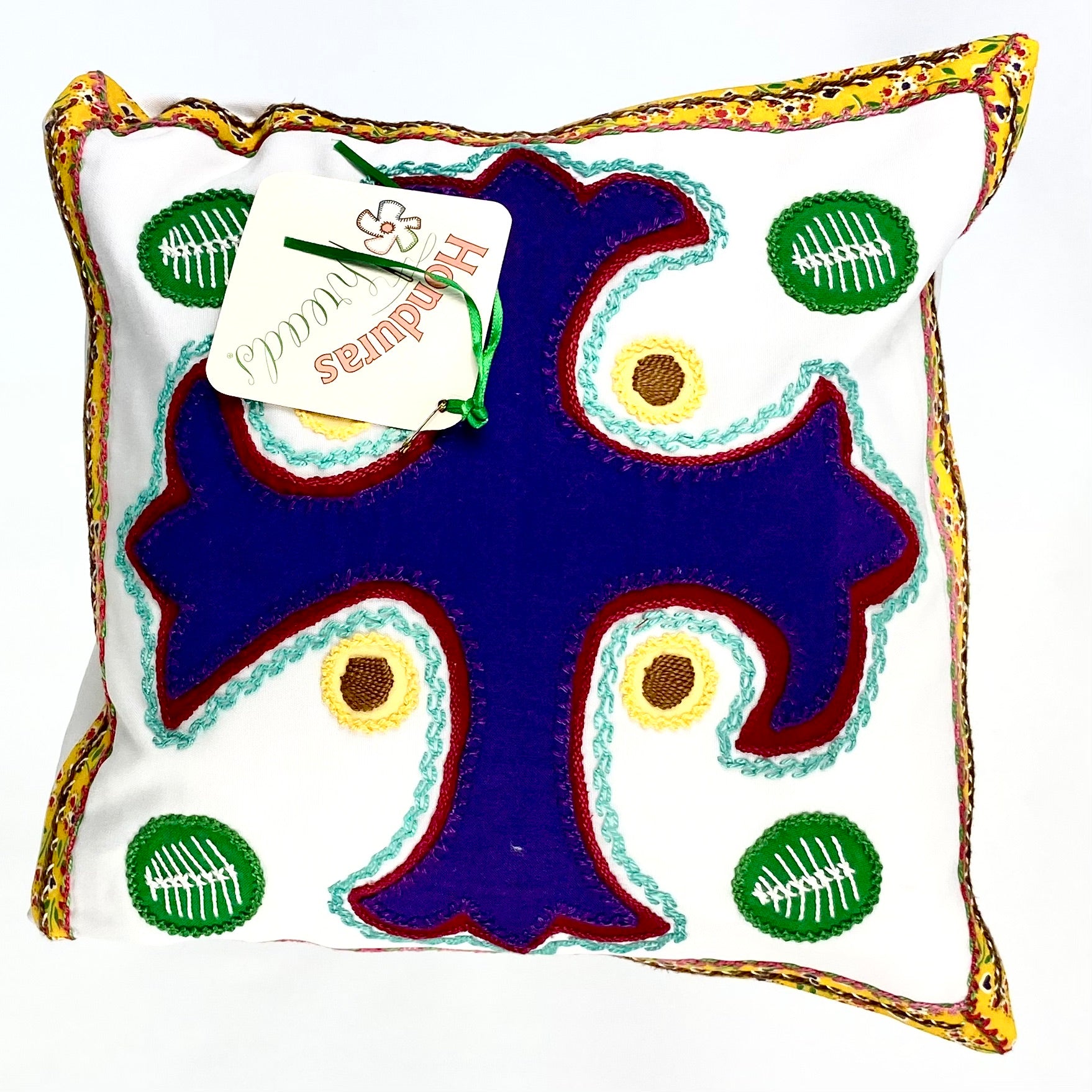 Cruz Dominicana Design Embroidered Pillow on white Honduras Threads