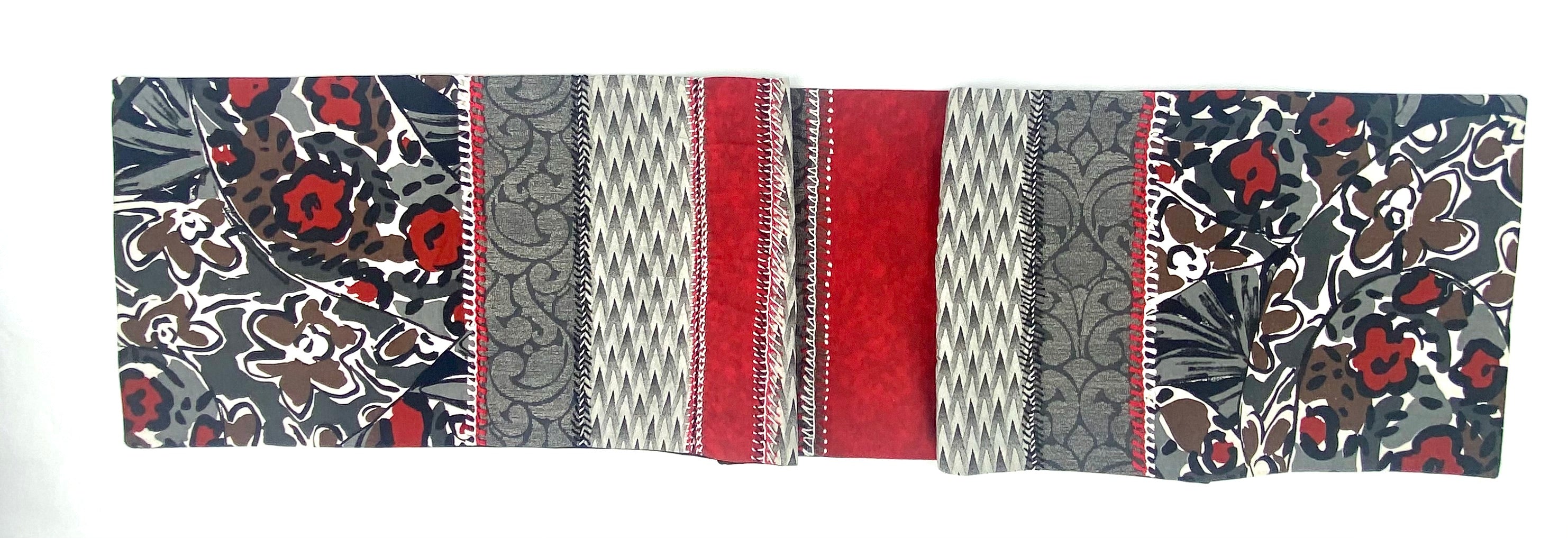 Sonata Design Embroidered Table Runner with red, gray and black Honduras Threads