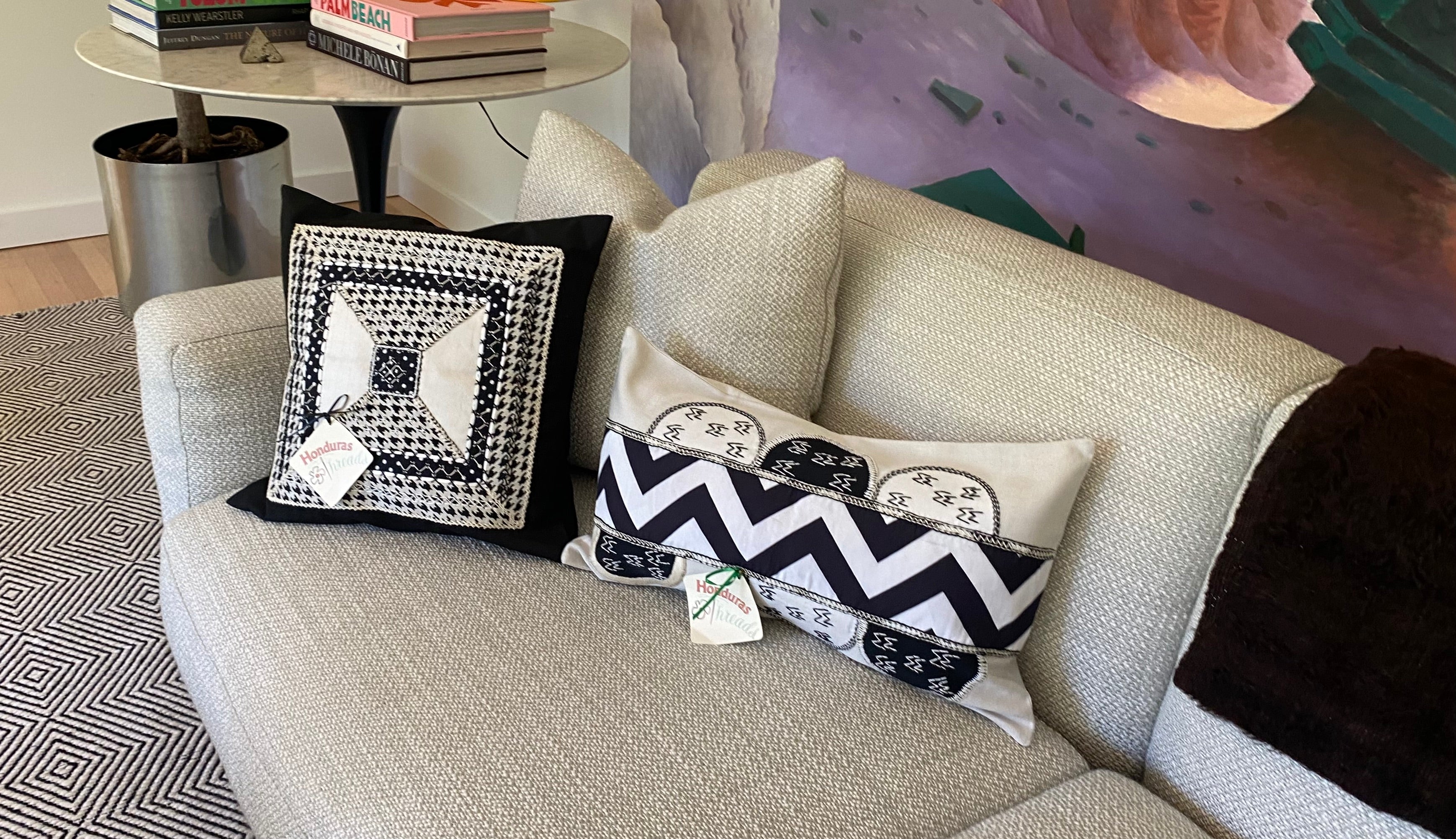 Piedras Lunar Design Embroidered Pillow on white Honduras Threads