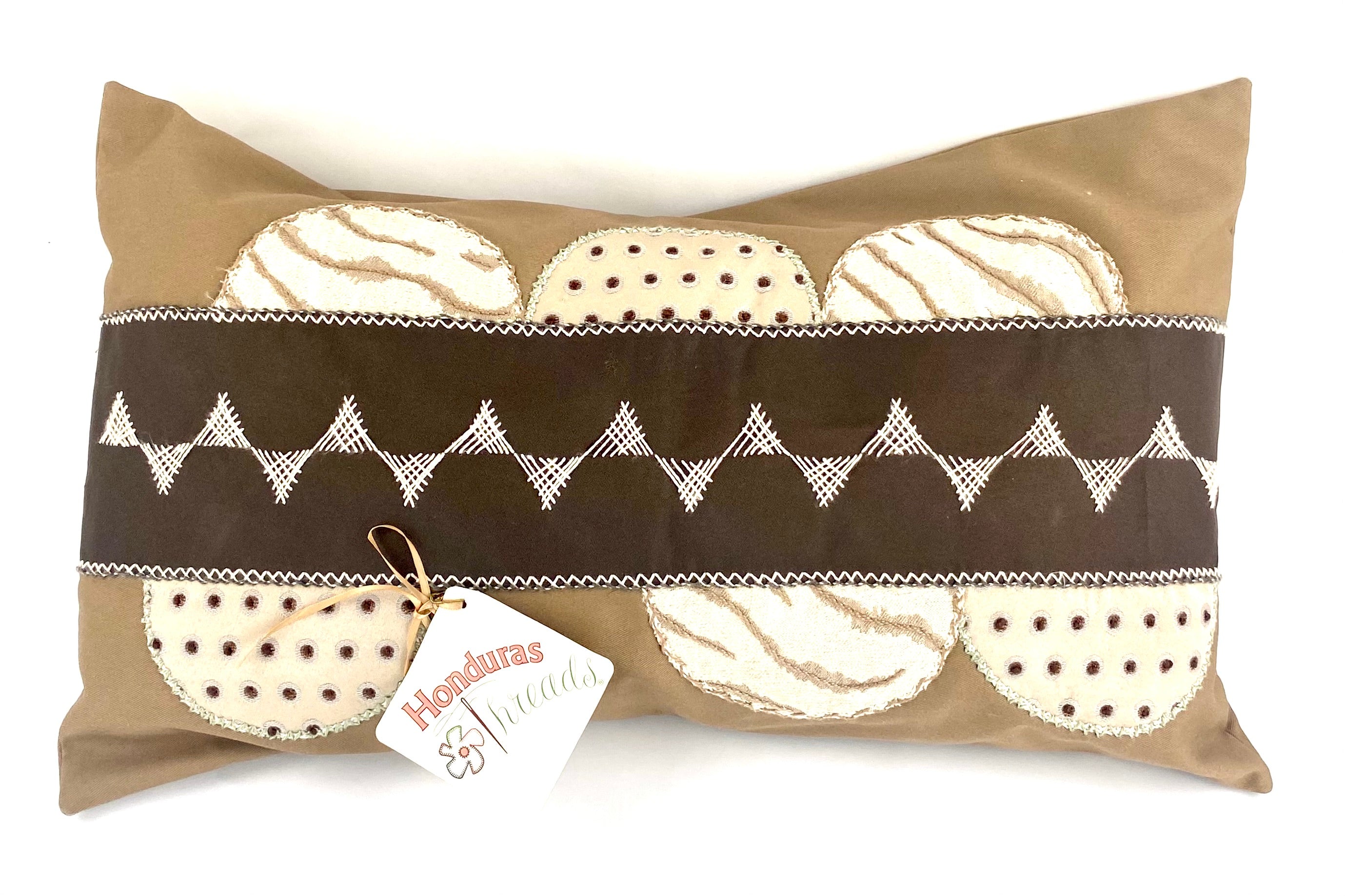 Piedras Lunar Design Embroidered Pillow on brown Honduras Threads