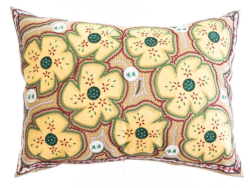 Flores Design Embroidered Pillow on khaki Honduras Threads