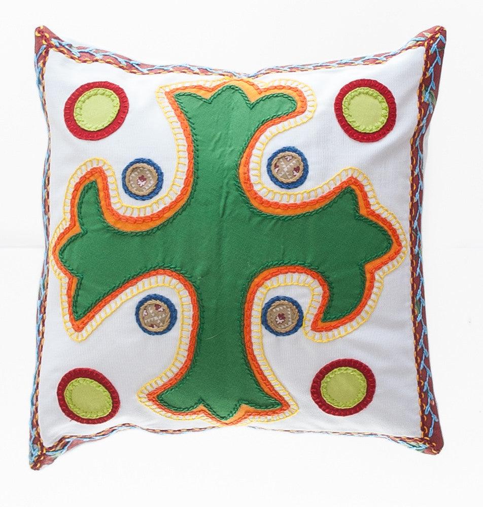 Cruz Dominicana Design Embroidered Pillow on white Honduras Threads