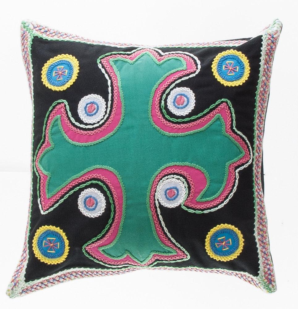 Cruz Dominicana Design Embroidered Pillow on black Honduras Threads