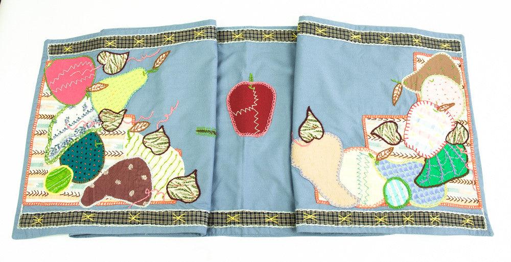 Frutas Design Embroidered Table Runner on slate blue Honduras Threads