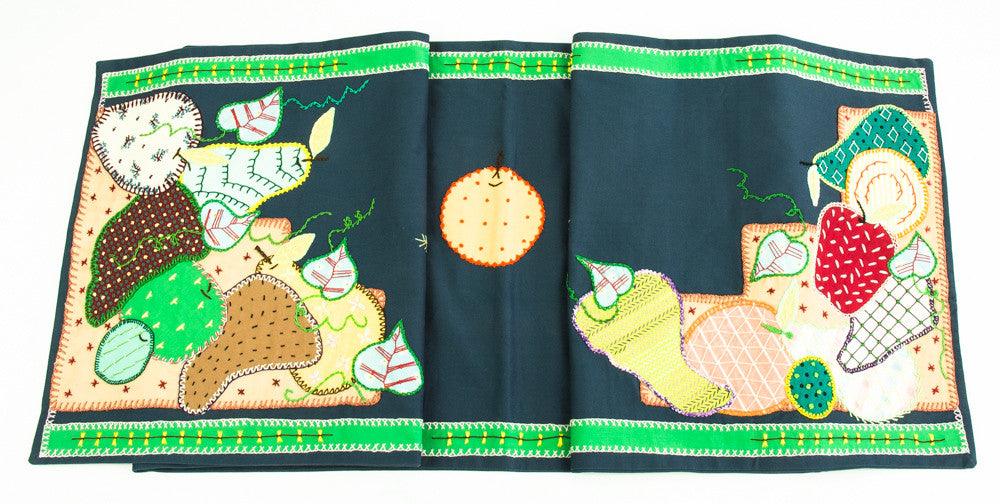 Frutas Design Embroidered Table Runner on Dark Navy Honduras Threads