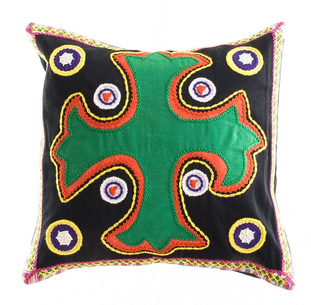 Cruz Dominicana Design Embroidered Pillow on black Honduras Threads