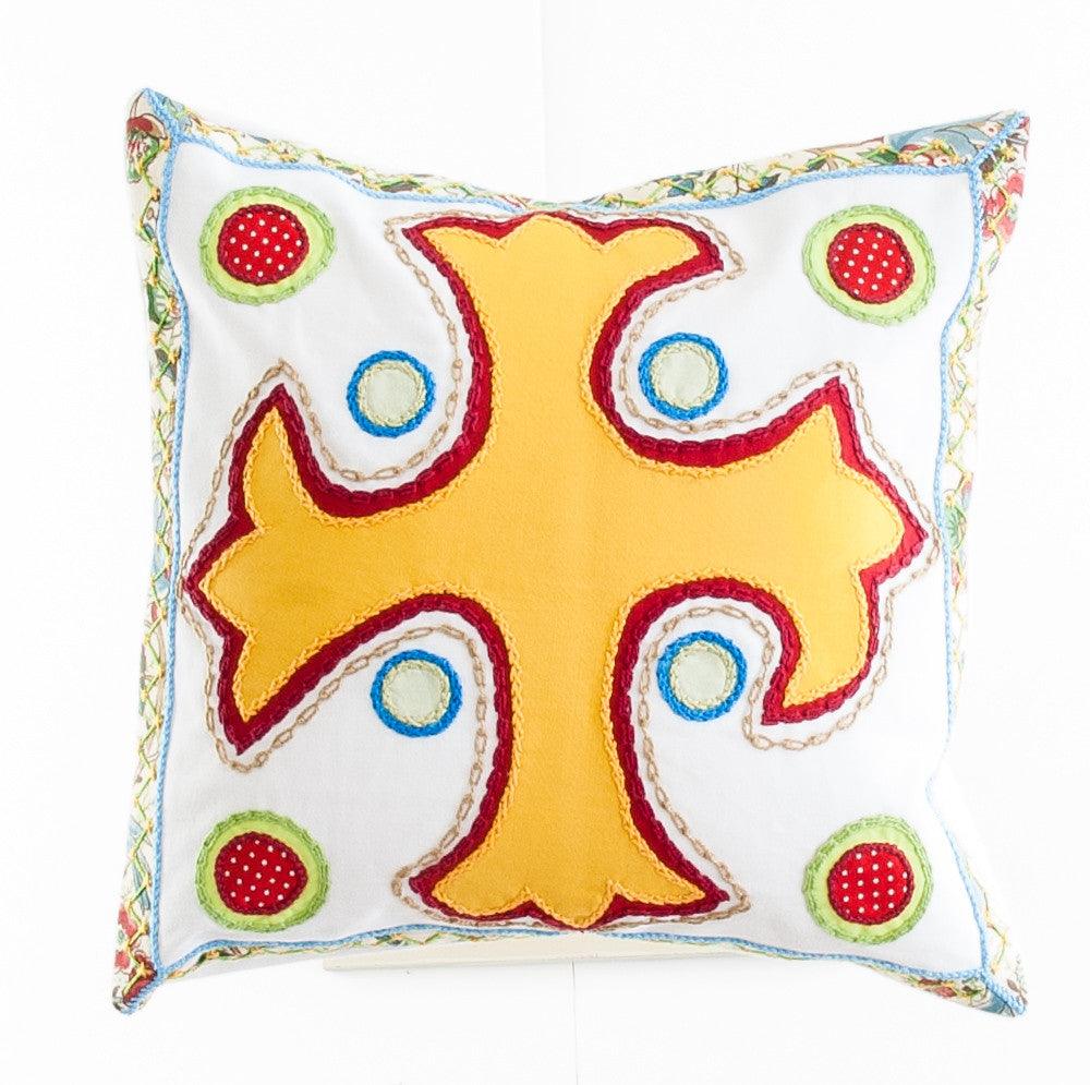 Cruz Dominicana Design Embroidered Pillow on white Honduras Threads