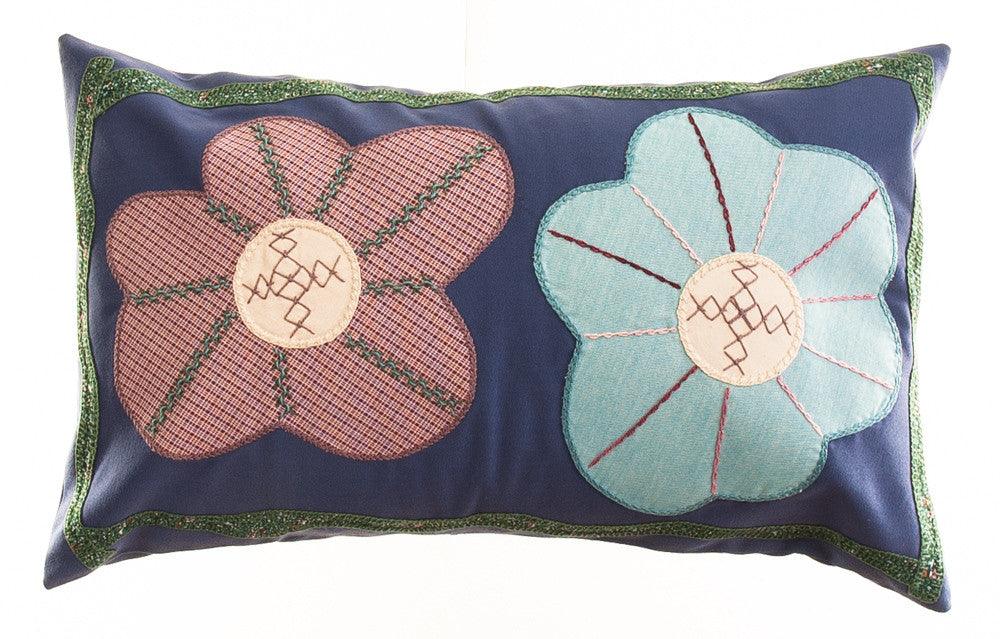 Dos Flores Design Embroidered Pillow on blue Honduras Threads