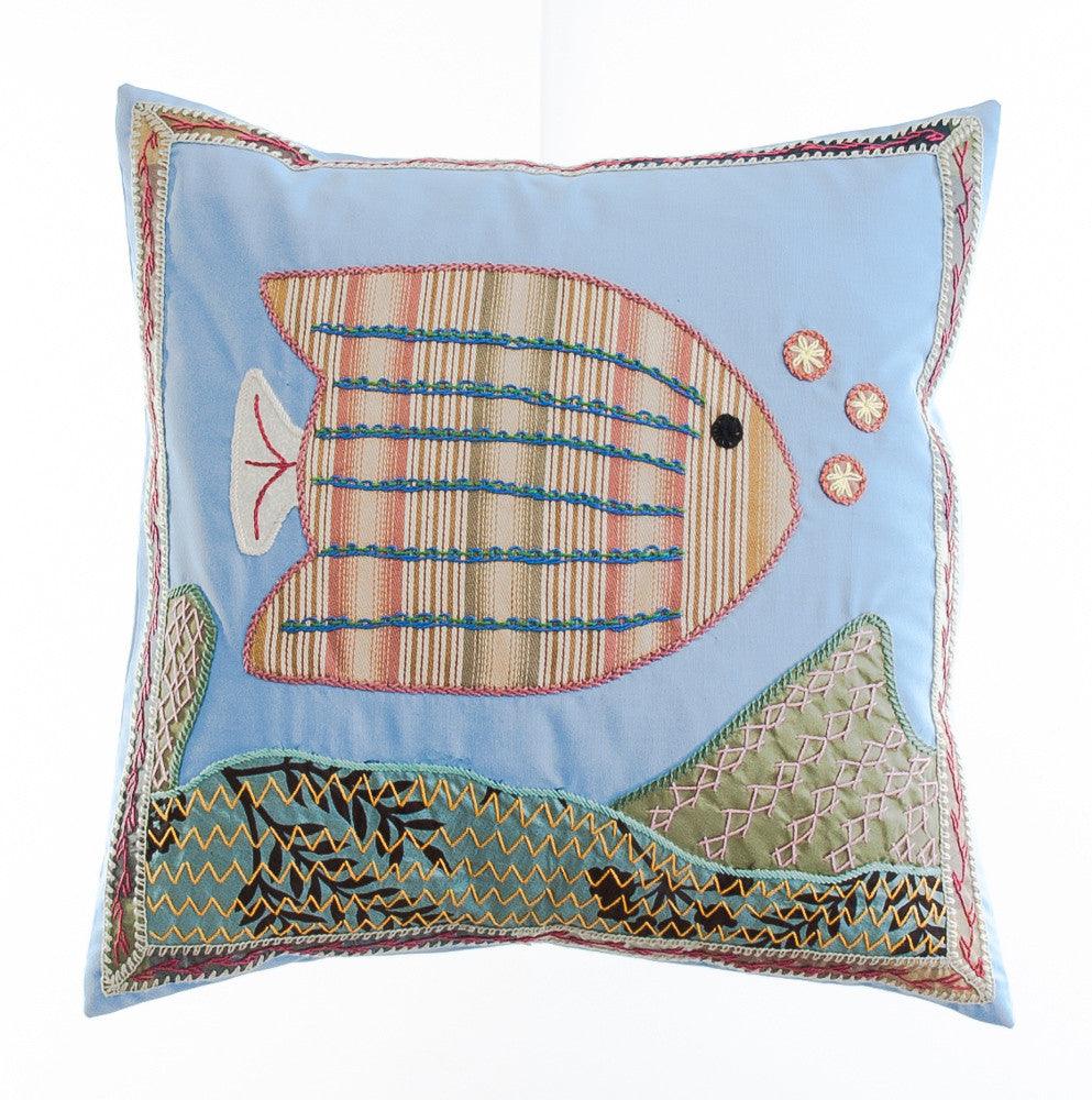 Pescado Design Embroidered Pillow on Blue Honduras Threads