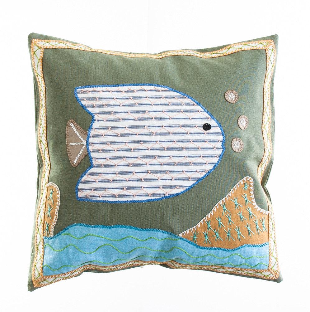 Pescado Design Embroidered Pillow on Sage Honduras Threads