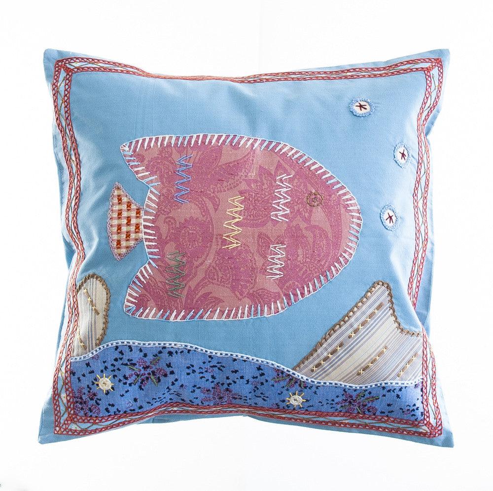 Pescado Design Embroidered Pillow on Blue Honduras Threads