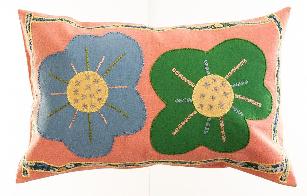 Dos Flores Design Embroidered Pillow on salmon Honduras Threads