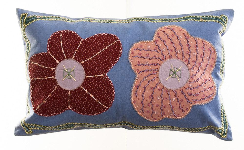 Dos Flores Design Embroidered Pillow on blue Honduras Threads