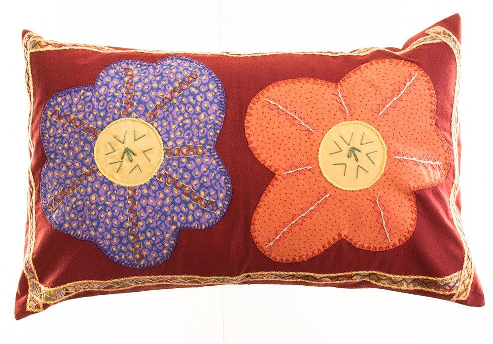 Dos Flores Design Embroidered Pillow on red Honduras Threads