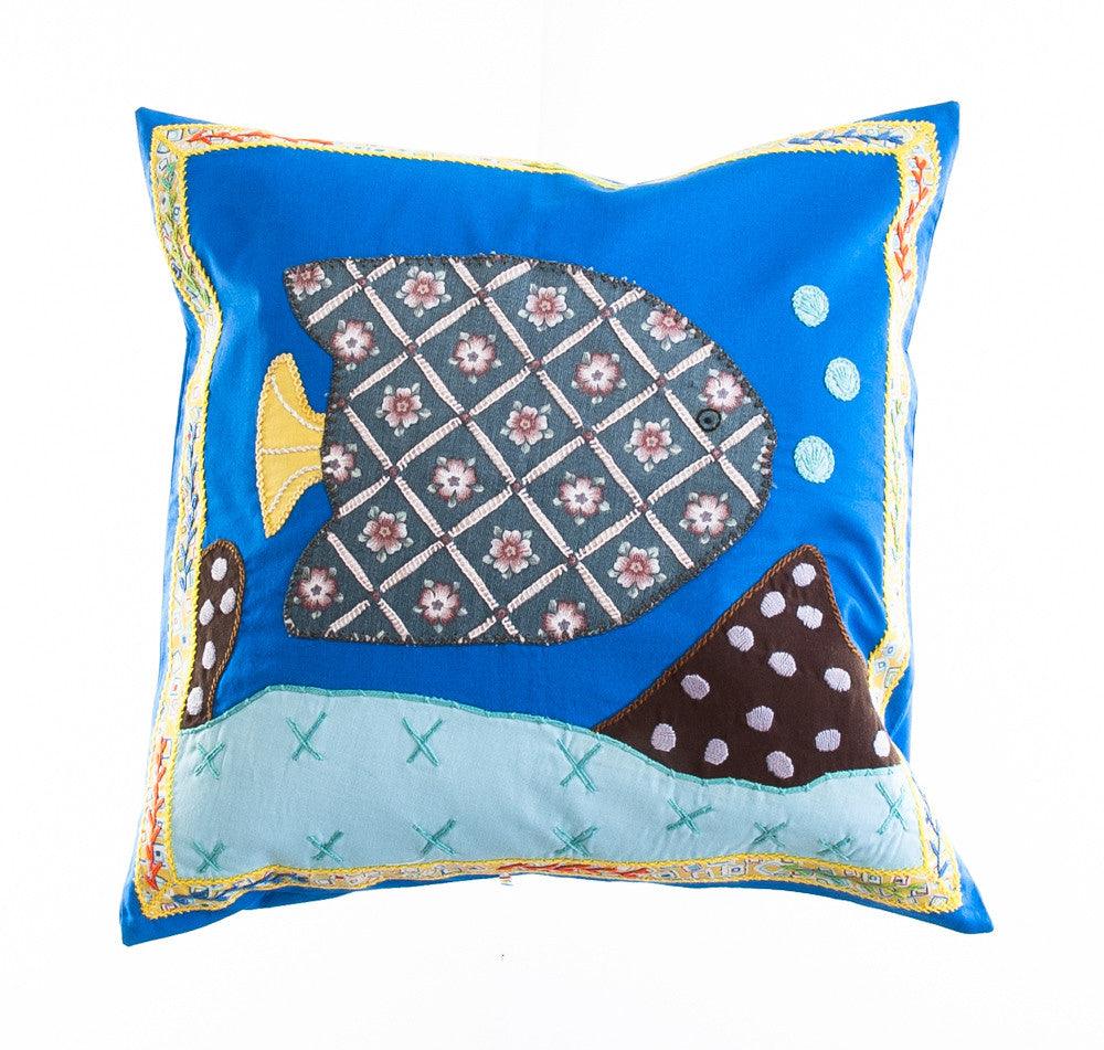 Pescado Design Embroidered Pillow on Blue Honduras Threads