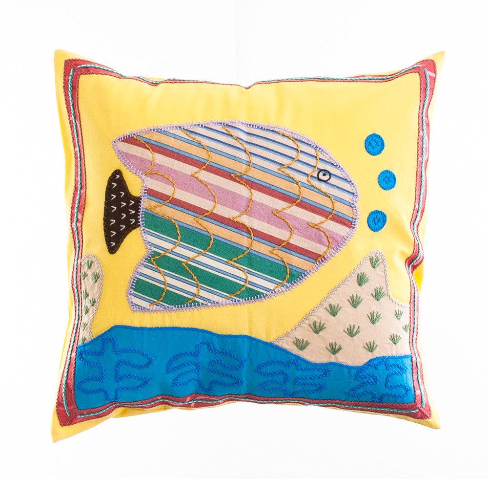 Pescado Design Embroidered Pillow on Yellow Honduras Threads