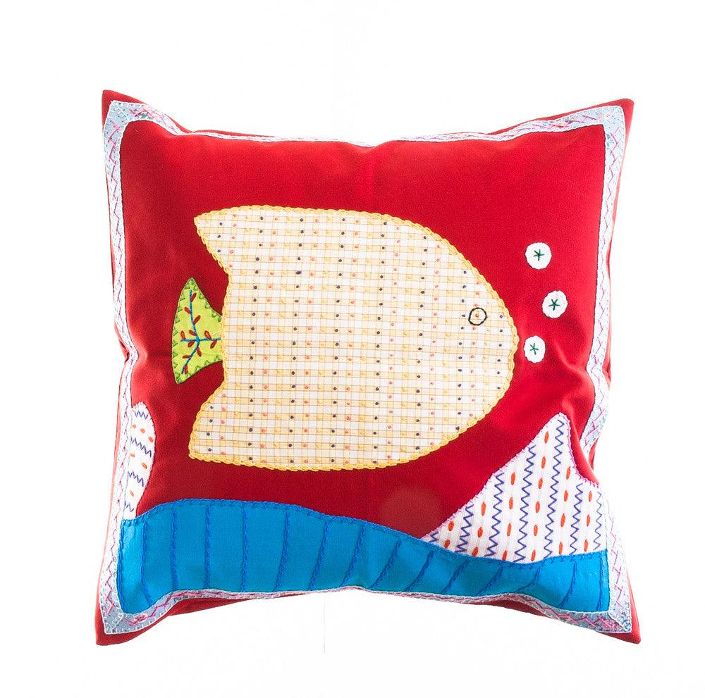 Pescado Design Embroidered Pillow on Red Honduras Threads