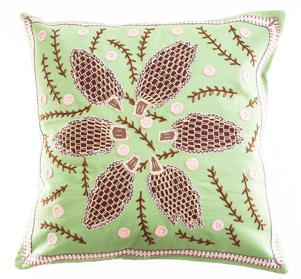 Uvas Design Embroidered Pillow on Apple Green Honduras Threads