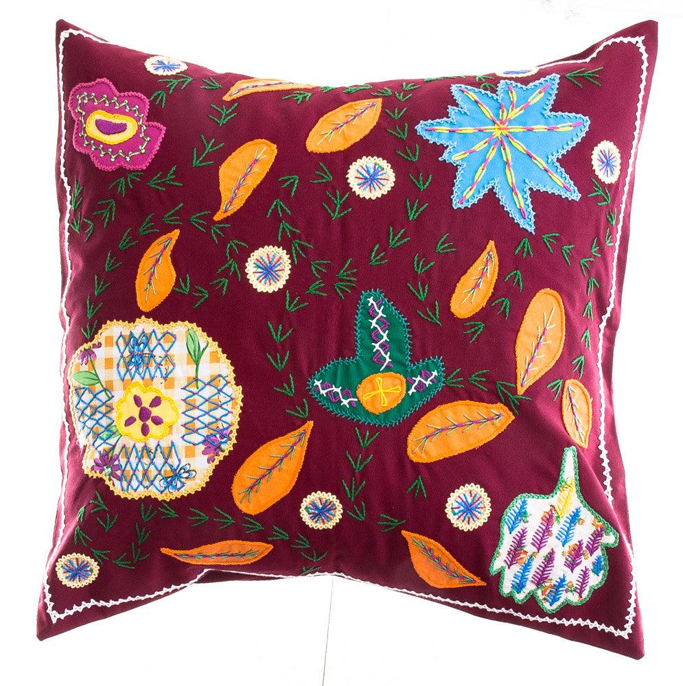 Rosas Design Embroidered Pillow on Dark red Honduras Threads