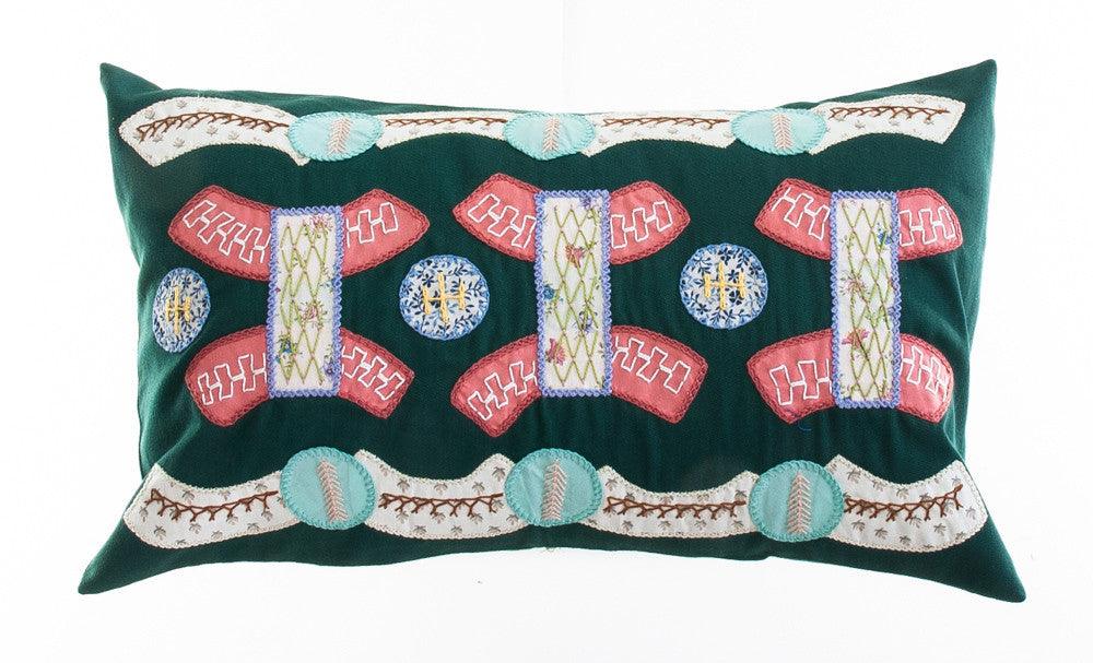 Arcos Design Embroidered Pillow on Dark Green Honduras Threads