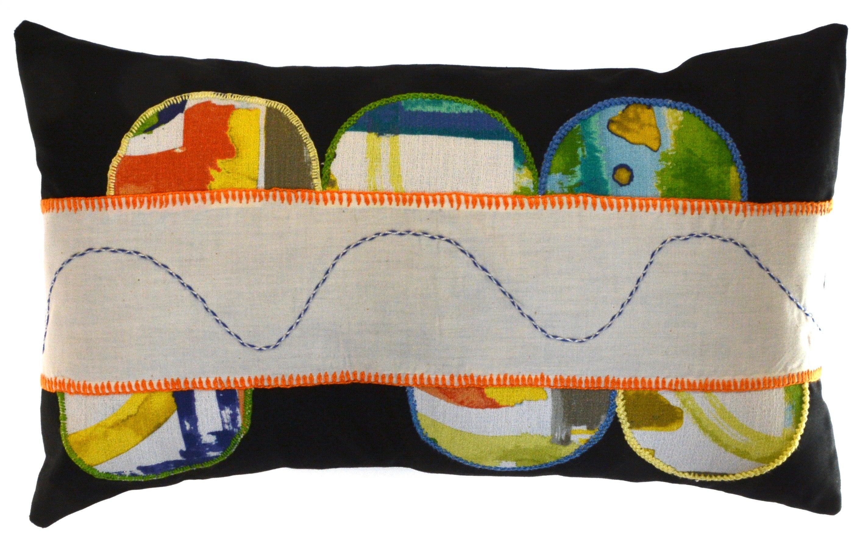 Piedras Lunar Design Embroidered Pillow on black Honduras Threads