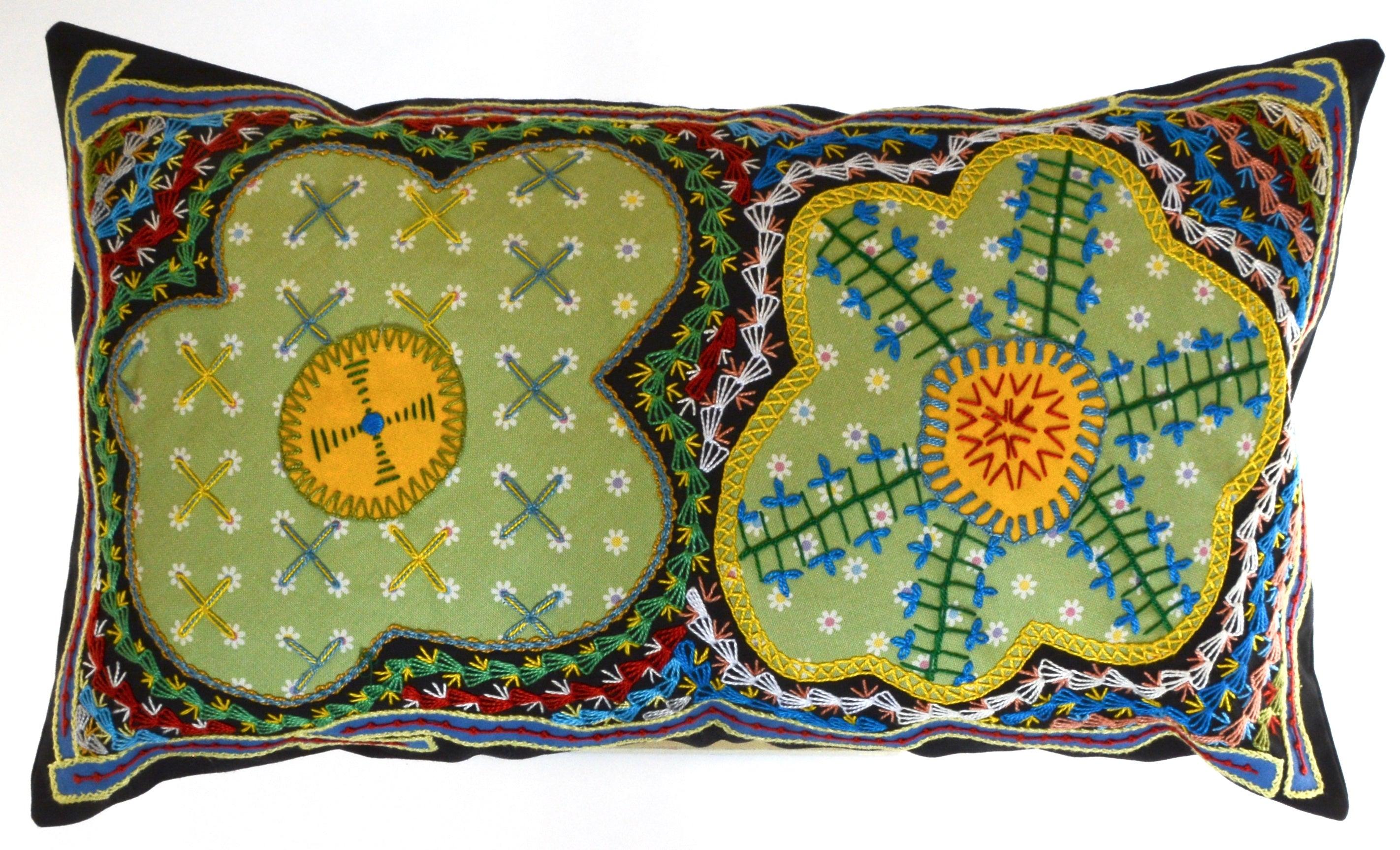 Dos Flores Design Embroidered Pillow on black Honduras Threads