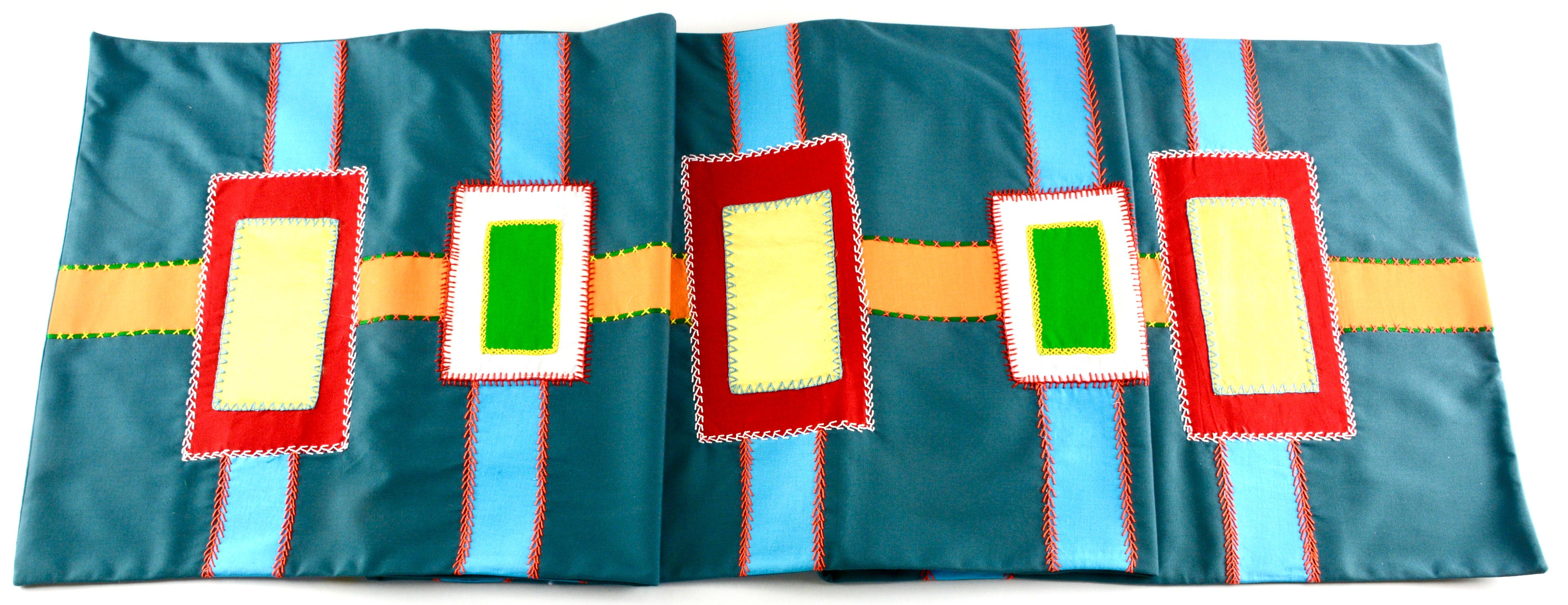 Cinturón Design Embroidered Table Runner on Steel blue Honduras Threads