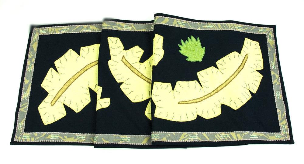 Hojas Design Embroidered Table Runner on black Honduras Threads