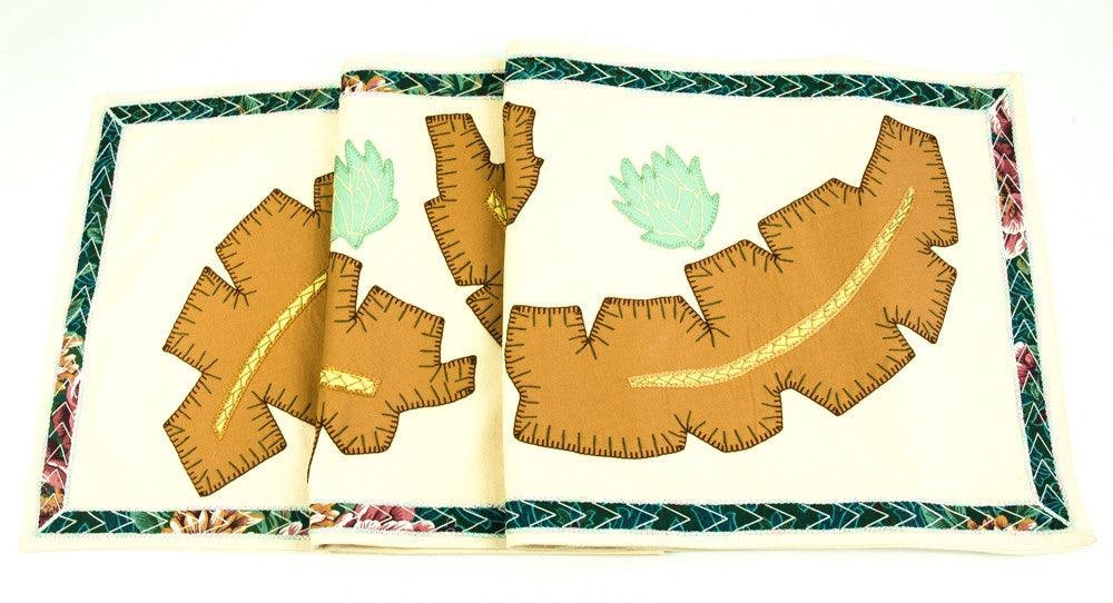 Hojas Design Embroidered Table Runner on ecru Honduras Threads