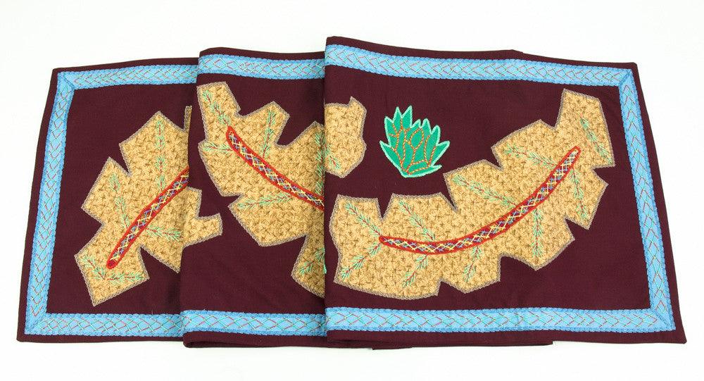 Hojas Design Embroidered Table Runner on maroon Honduras Threads