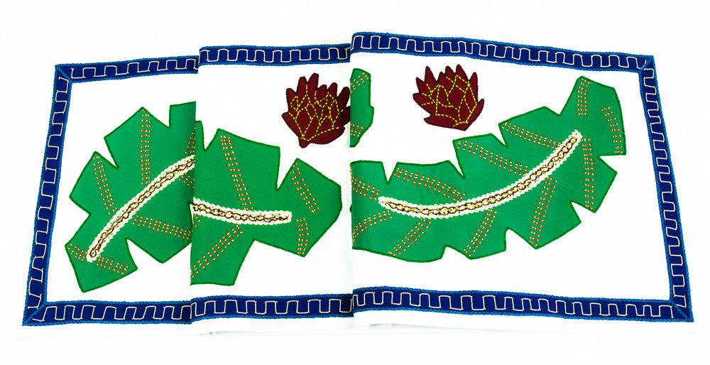 Hojas Design Embroidered Table Runner on white Honduras Threads